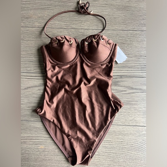 ZIMMERMANN Devi eyelet-embellished cutout underwired halterneck swimsuit sz 1 - Picture 11 of 11